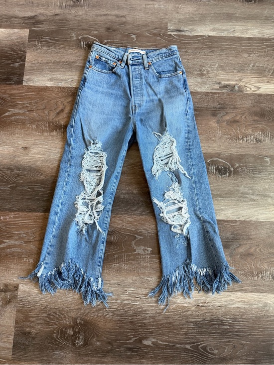 Levi's Denim - Levi's Light Blue Distressed Flare Jeans with Fringe Hem